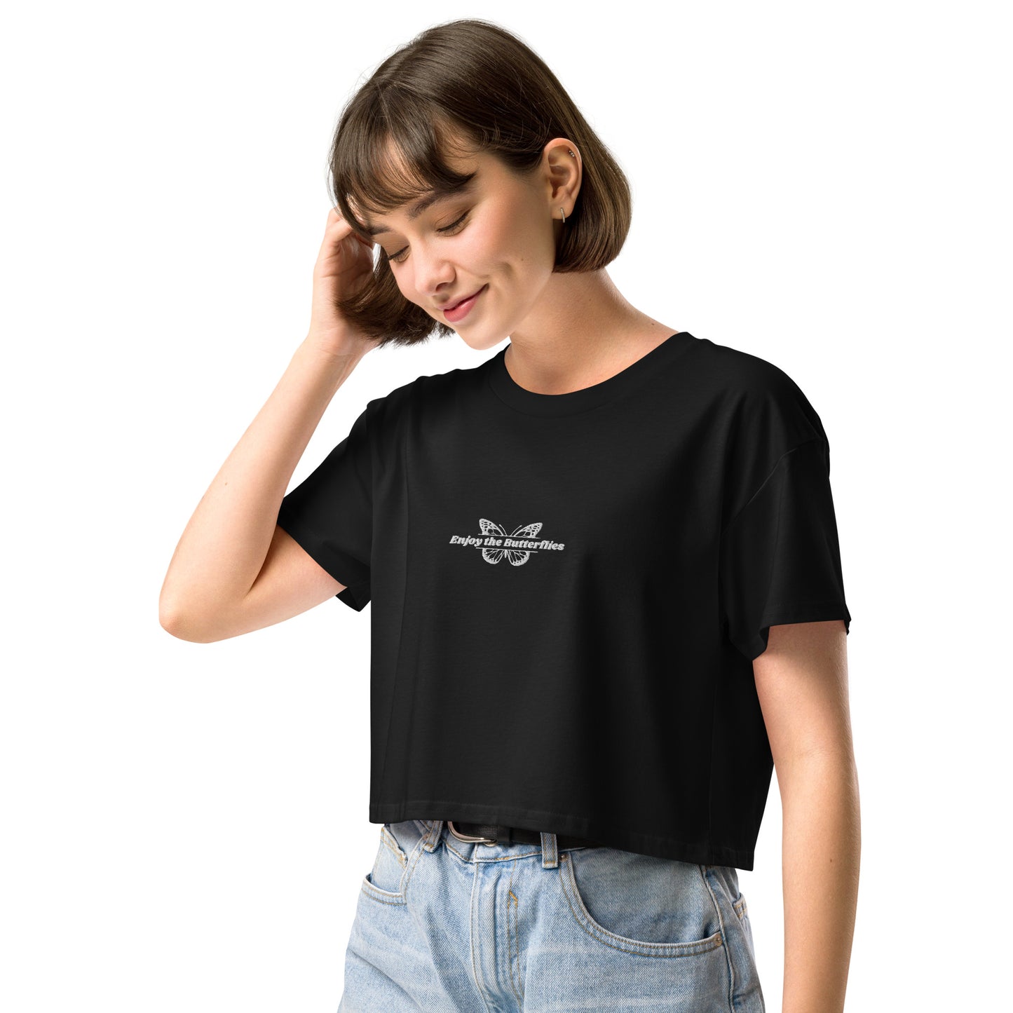 Parc Femme Enjoy the Butterflies Cropped T-Shirt in Black